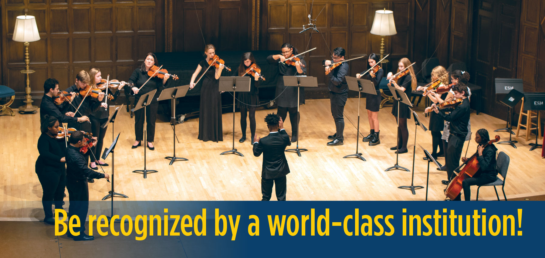 BeRecognizedByAWorldClassInstitution_ECMS_Diploma_Program An ECMS Diploma student conducts a string ensemble of his peers on stage in a concert at Kilbourn Hall